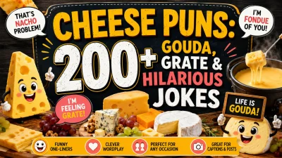 Cheese puns featuring funny cheese jokes, playful captions, and colorful cheese illustrations