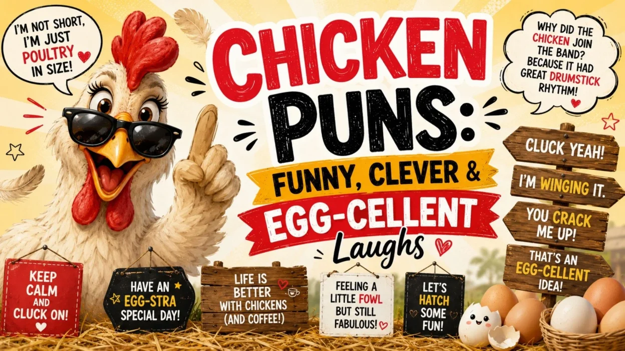 Chicken puns with funny, clever, and egg-cellent laughs featuring a playful cartoon chicken