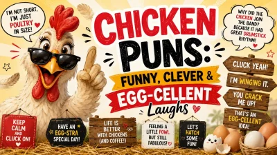 Chicken puns with funny, clever, and egg-cellent laughs featuring a playful cartoon chicken
