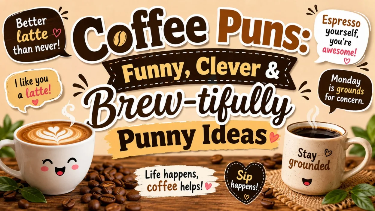 Coffee puns poster with funny, clever, and brew-tiful coffee jokes, mugs, and coffee beans.
