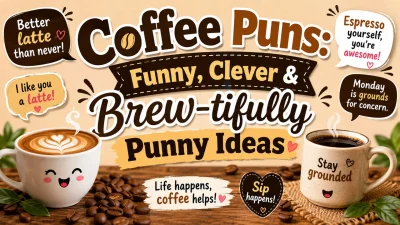 Coffee puns poster with funny, clever, and brew-tiful coffee jokes, mugs, and coffee beans.