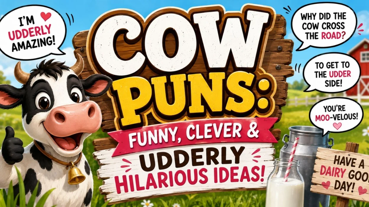 Funny cow puns with a cheerful cartoon cow on a farm