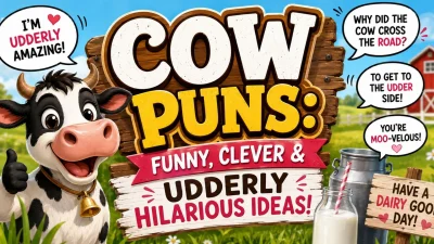 Funny cow puns with a cheerful cartoon cow on a farm