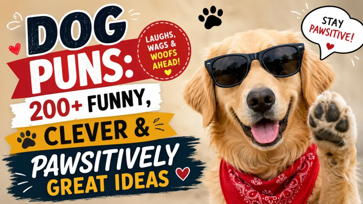 Dog puns featuring a playful golden retriever with funny, clever, and pawsitively great ideas.