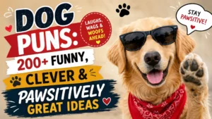 Dog puns featuring a playful golden retriever with funny, clever, and pawsitively great ideas.