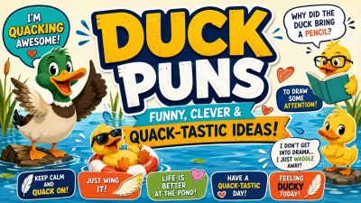 Funny duck puns with cute cartoon ducks by a pond