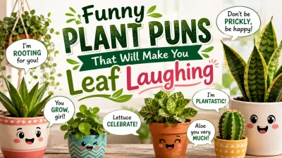 Funny plant puns with cute illustrated plants and playful leaf jokes