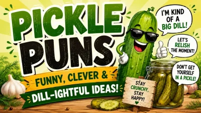 Funny pickle puns with a cheerful cartoon pickle and jar