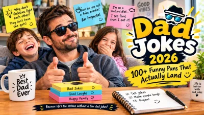 Dad Jokes 2026 featuring 100+ funny puns and clever family-friendly one-liners 😂