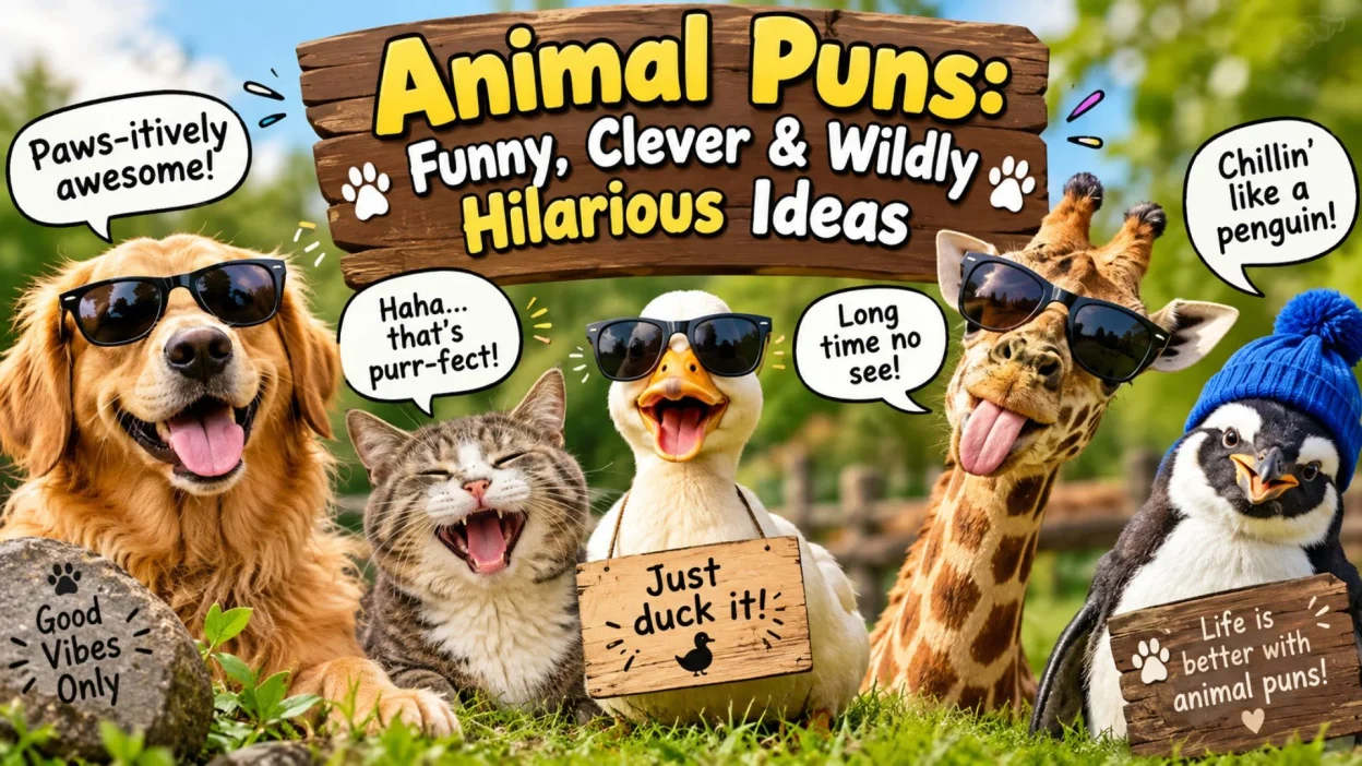 Animal puns featuring funny animals with playful speech bubbles and humorous signs.