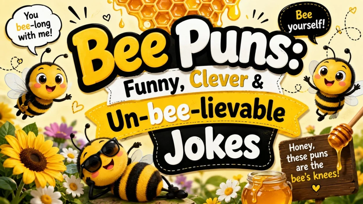 Bee puns featuring funny, clever, and un-bee-lievable jokes with cute cartoon bees and honeycomb
