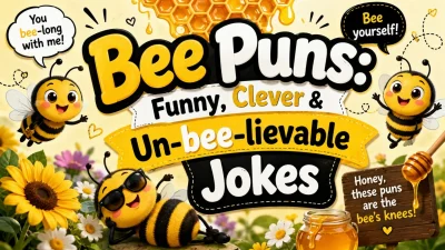 Bee puns featuring funny, clever, and un-bee-lievable jokes with cute cartoon bees and honeycomb