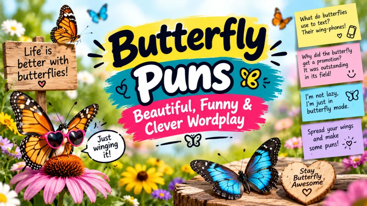 Funny butterfly puns with colorful butterflies in a beautiful garden 🦋🌸