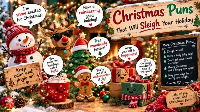 Christmas puns with funny holiday decorations, Santa, gifts, and Christmas tree