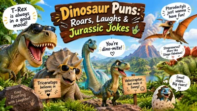 Funny dinosaur puns with a cute T-Rex in a prehistoric jungle