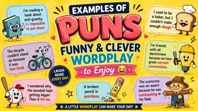 Examples of Puns featuring funny and clever wordplay, colorful cartoon characters, speech bubbles, and playful jokes.