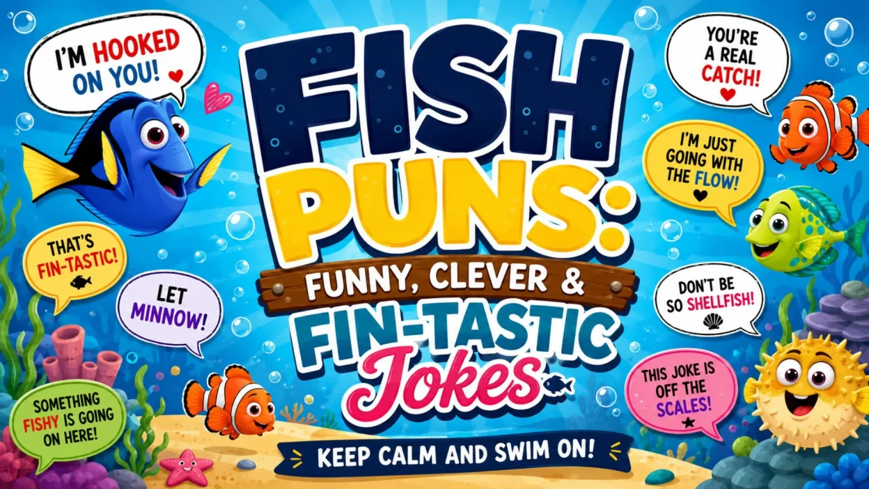 Fish Puns: Funny, Clever & Fin-tastic Jokes with colorful cartoon fish, ocean scenery, and playful speech bubbles.