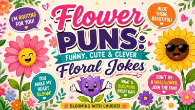 Flower Puns: Funny, Cute & Clever Floral Jokes with colorful smiling flowers and playful speech bubbles 🌸😂