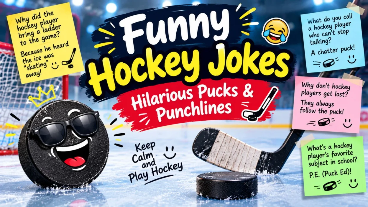 Funny hockey jokes and players laughing at the ice rink