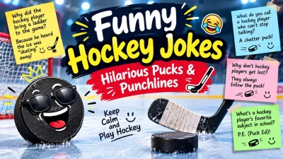 Funny hockey jokes and players laughing at the ice rink