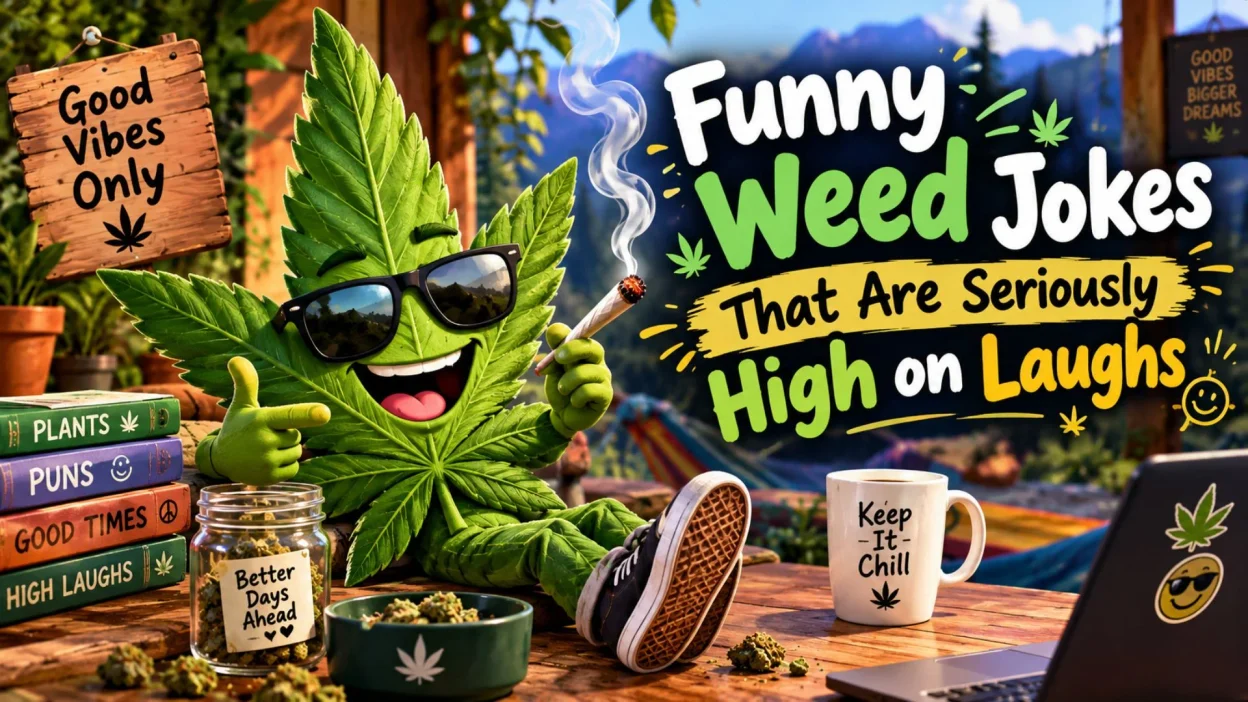 Funny weed jokes with a cheerful cannabis leaf character, colorful background, and playful humor theme