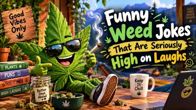 Funny weed jokes with a cheerful cannabis leaf character, colorful background, and playful humor theme
