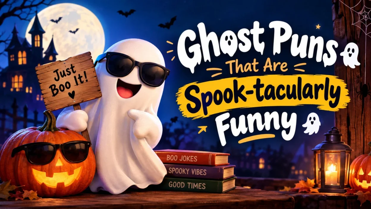Funny ghost puns with a cute ghost, pumpkins, Halloween decorations, and spooky night scene