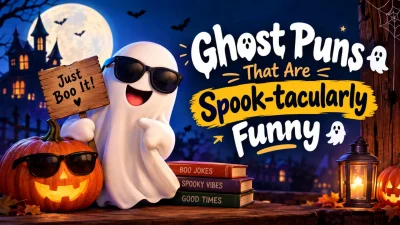 Funny ghost puns with a cute ghost, pumpkins, Halloween decorations, and spooky night scene