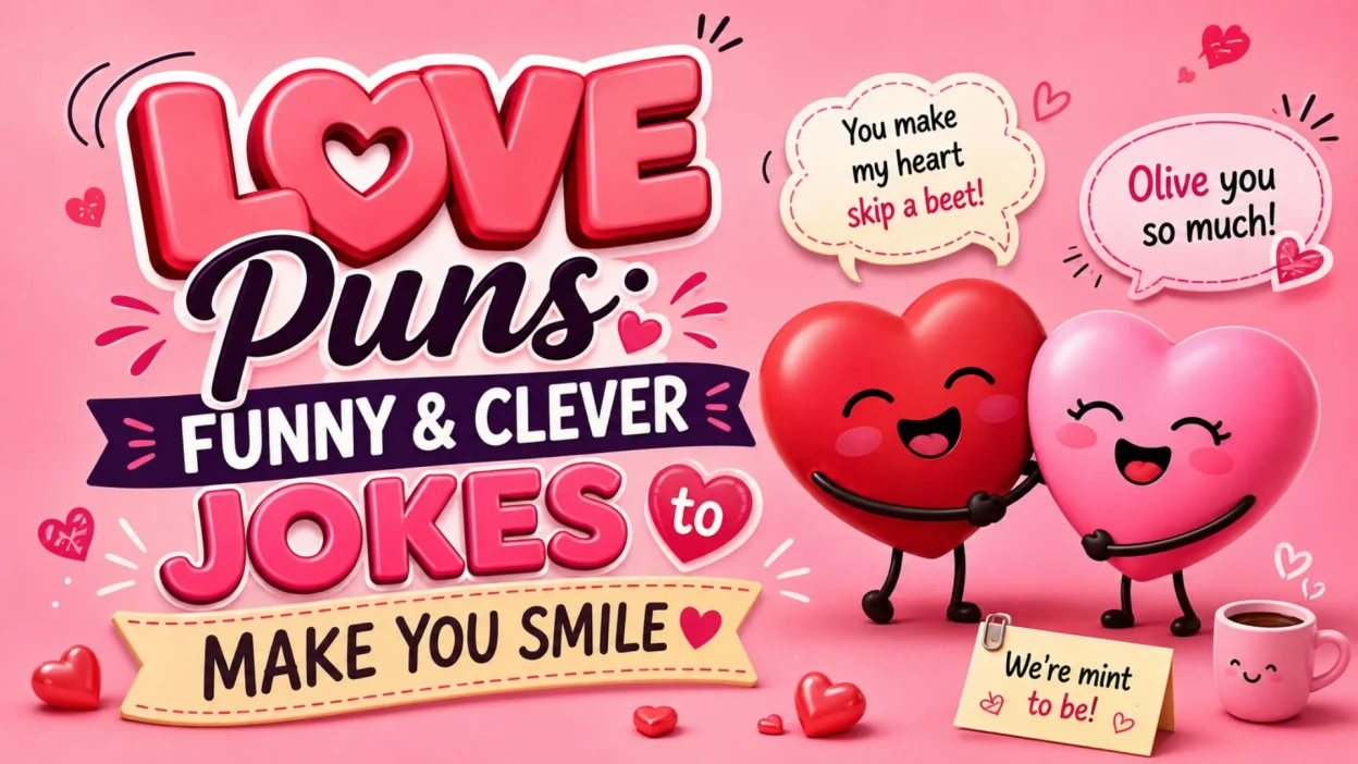 Cute Love Puns for Couple Photos with romantic hearts, smiling hearts, and a playful pink design.