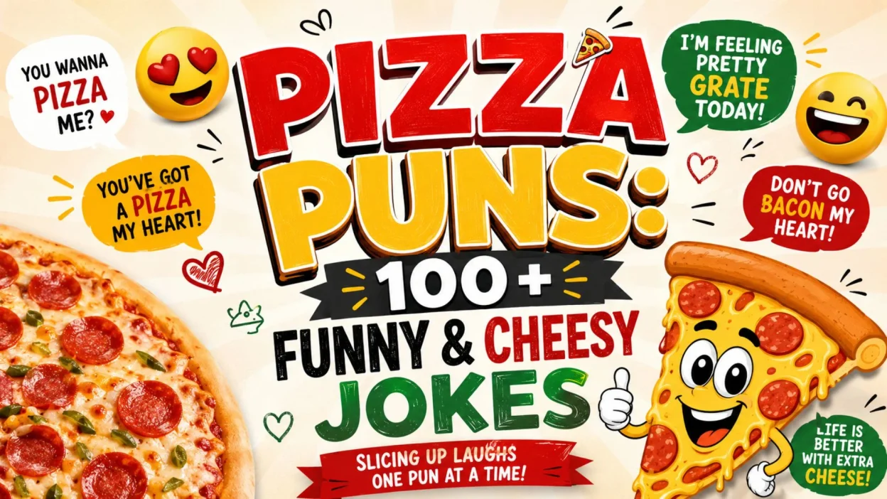Pizza Puns 100+ Funny and Cheesy Jokes featuring colorful pizza slices, funny emojis, and playful food wordplay