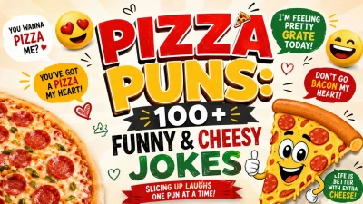 Pizza Puns 100+ Funny and Cheesy Jokes featuring colorful pizza slices, funny emojis, and playful food wordplay