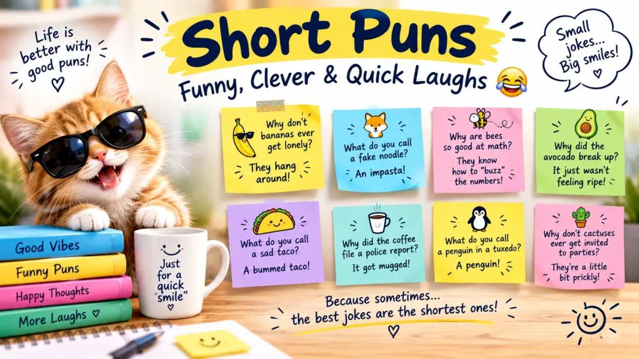 Funny short puns with clever one-liners and quick laughs 😂