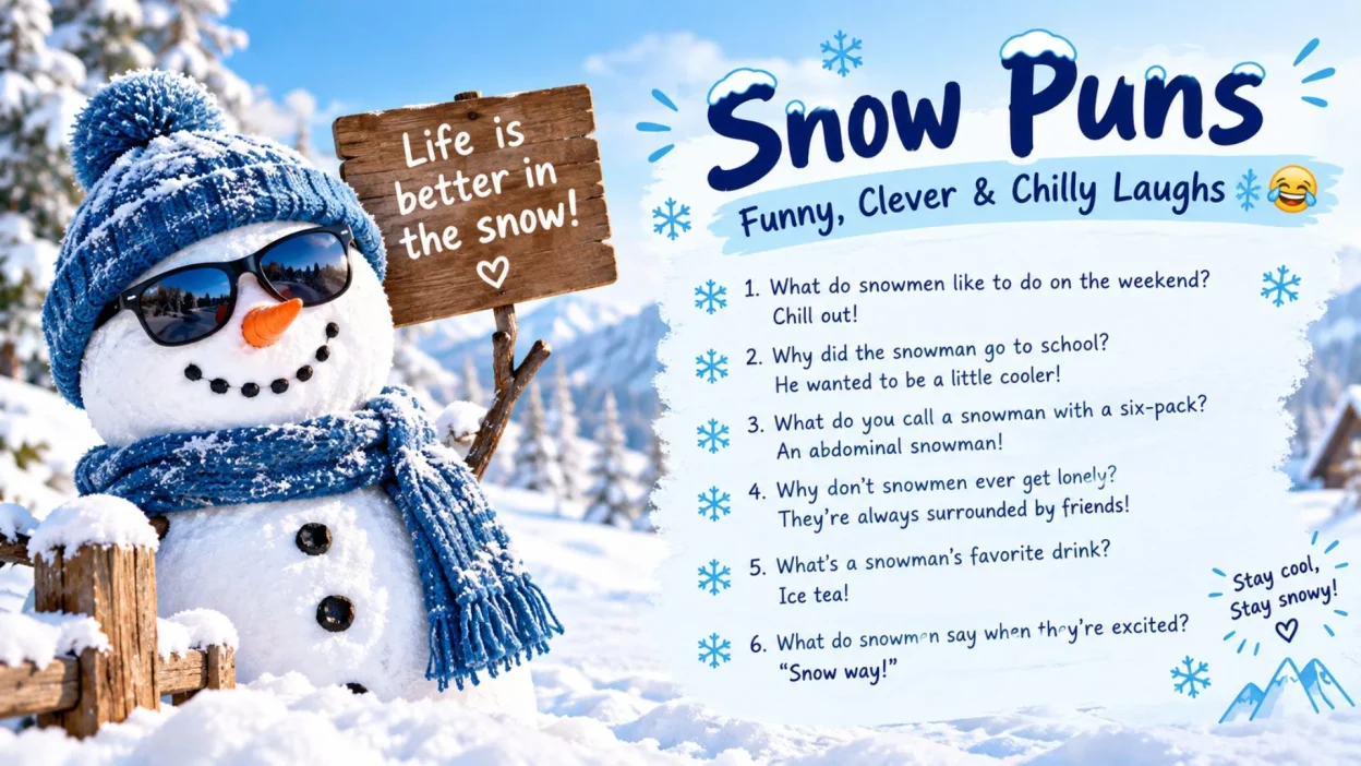 Funny snow puns with clever winter wordplay and chilly laughs ❄️😂