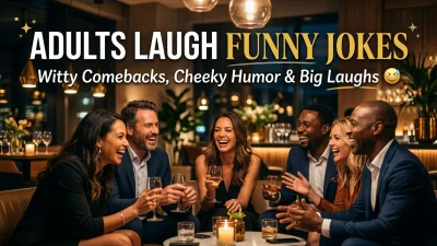 Adults laughing together while enjoying funny jokes and witty humor.