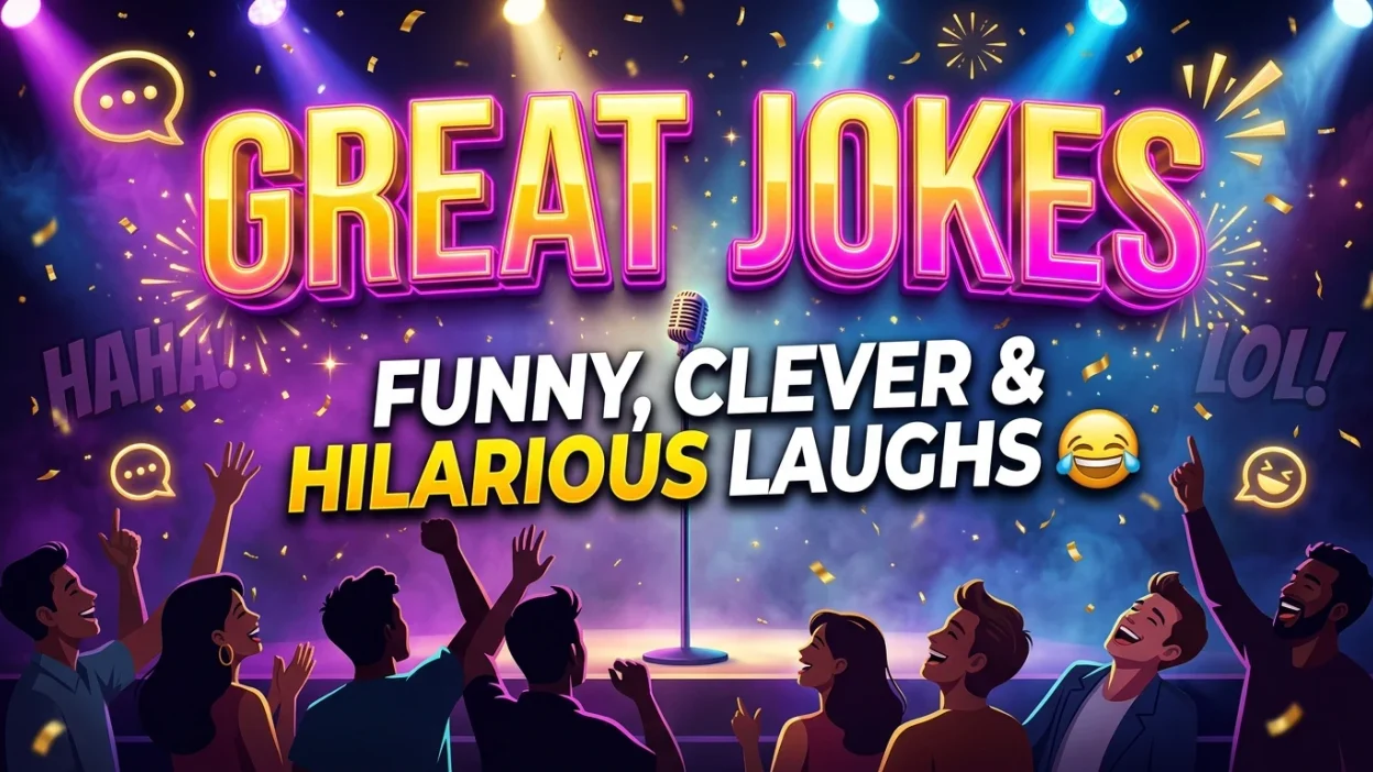 Great jokes featuring funny cartoon characters laughing together with colorful comedy-themed elements.