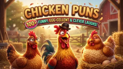 Funny chicken puns with a cute chicken illustration for a humor and jokes article.