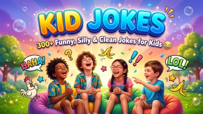 Kid jokes with funny cartoon animals and smiling children