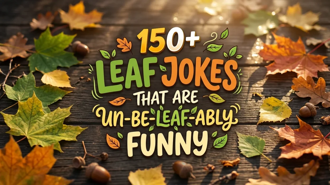 Colorful autumn leaves scattered across the ground with funny leaf jokes and puns.