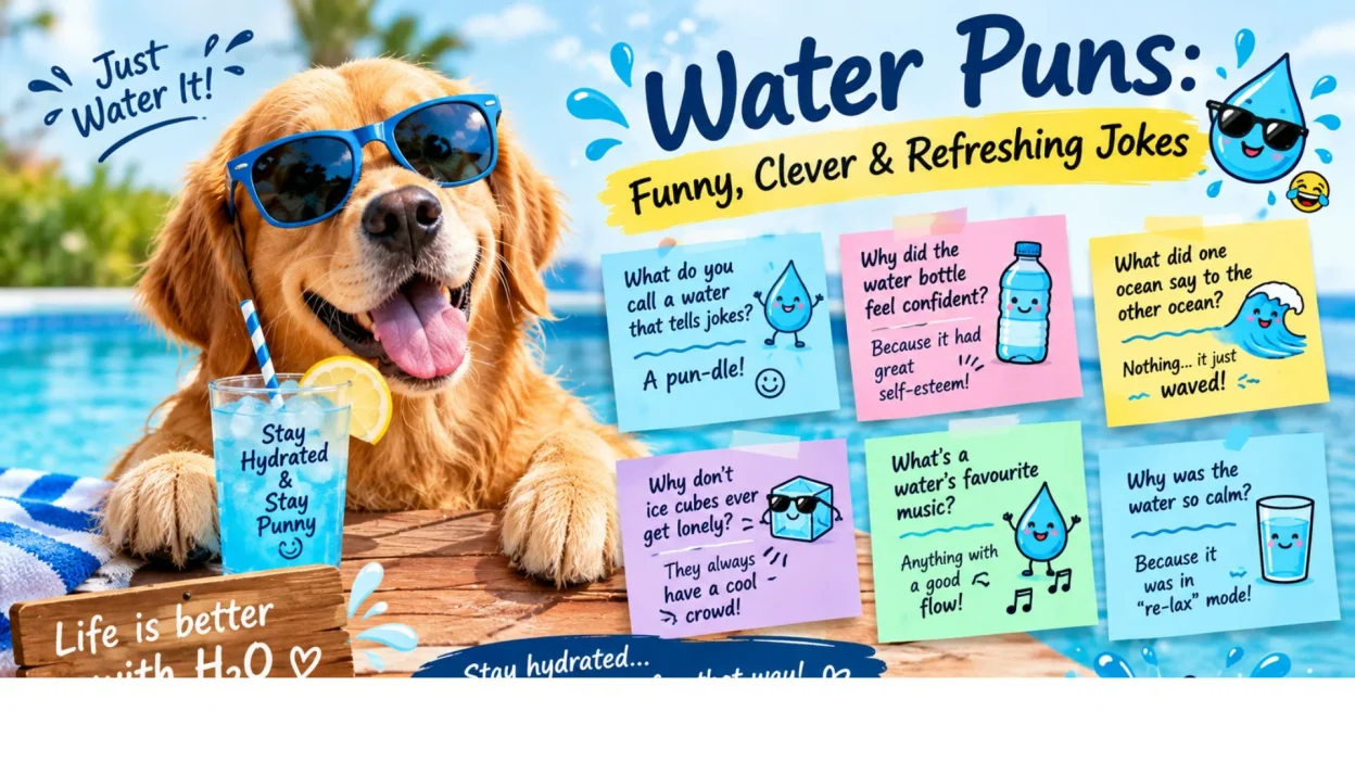 Funny water puns, clever jokes, cute captions, and refreshing water wordplay 💦😂