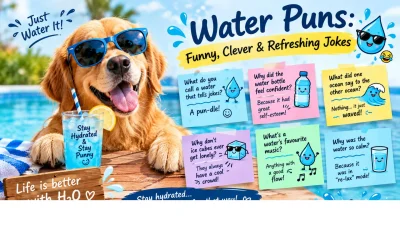 Funny water puns, clever jokes, cute captions, and refreshing water wordplay 💦😂
